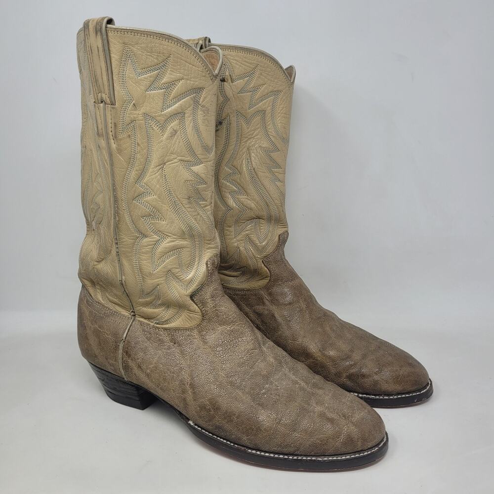 VTG Justin Boots Men 9.5D Beige Tan Leather Elephant Print Western Cowboy B1707
